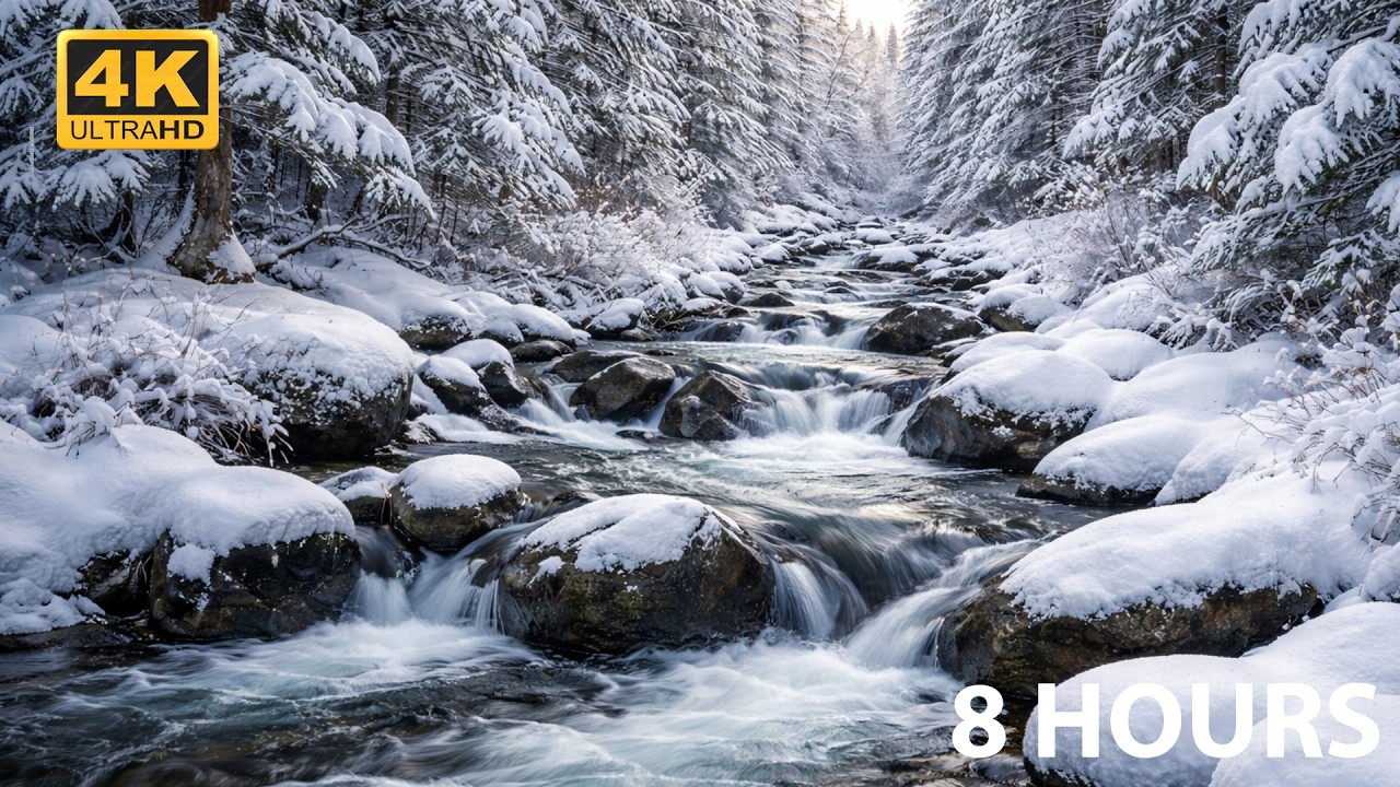 Winter Mountain Stream 4K ❄️ Relaxing River Sounds in Snowy Forest (8 Hours)