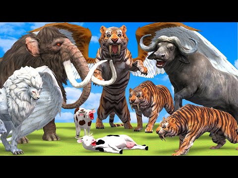 10 Mammoth Elephant cow vs 10 Giant Lion Tiger vs 10 Giant Buffalo Fight Cow Saved by Woolly Mammoth
