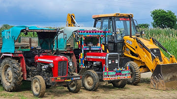 JCB 3dx Backhoe Loader Going Loading Red Mud In Massey 241&1035 Tractor with Trolley| Tractors Video
