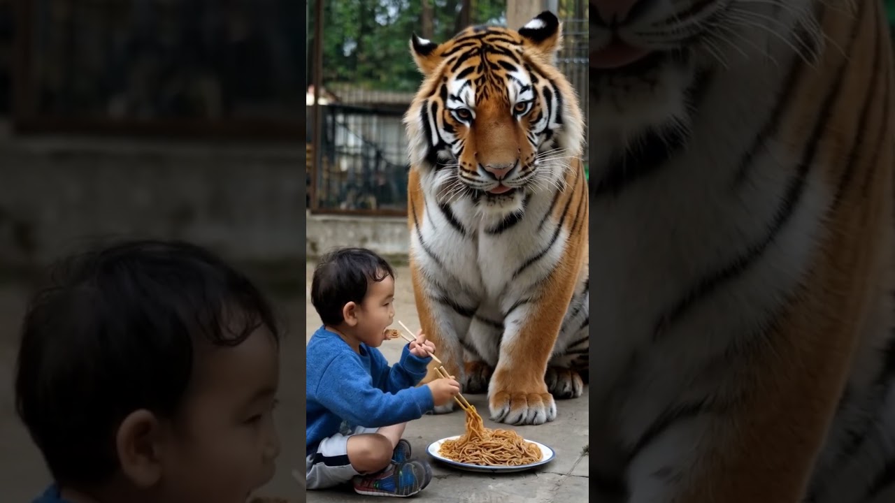 Unbelievable Friendship: Kid Shares Noodles with a Tiger! 🐯🍜 