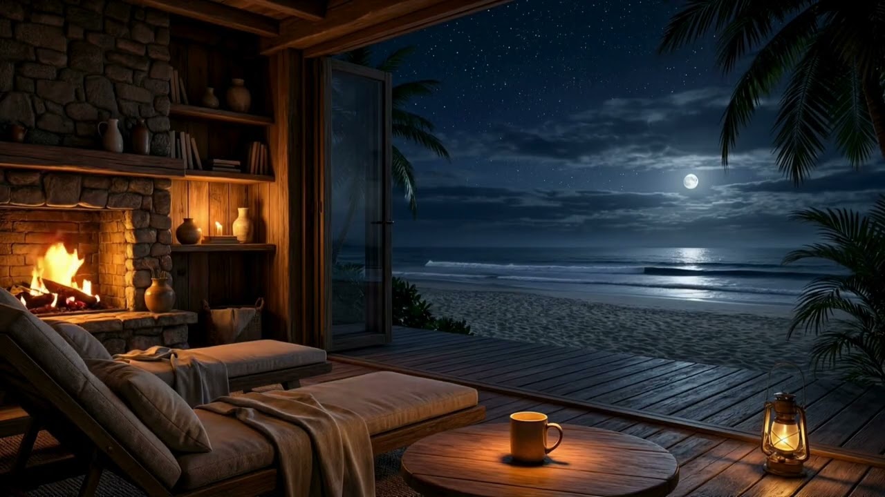 4K Beachfront Cabin Night 🌙 Fireplace & Ocean | Tropical Chill Pop Lounge Ambience
