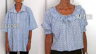 DIY MEN'S SHIRT REFASHION : Upcycle oversized shirt to women's ruffle collar peasant blouse