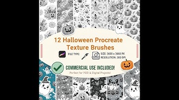 12 Halloween Procreate Texture Brushes - Scary Ghost Seamless Pattern, Pumpkin Stamp