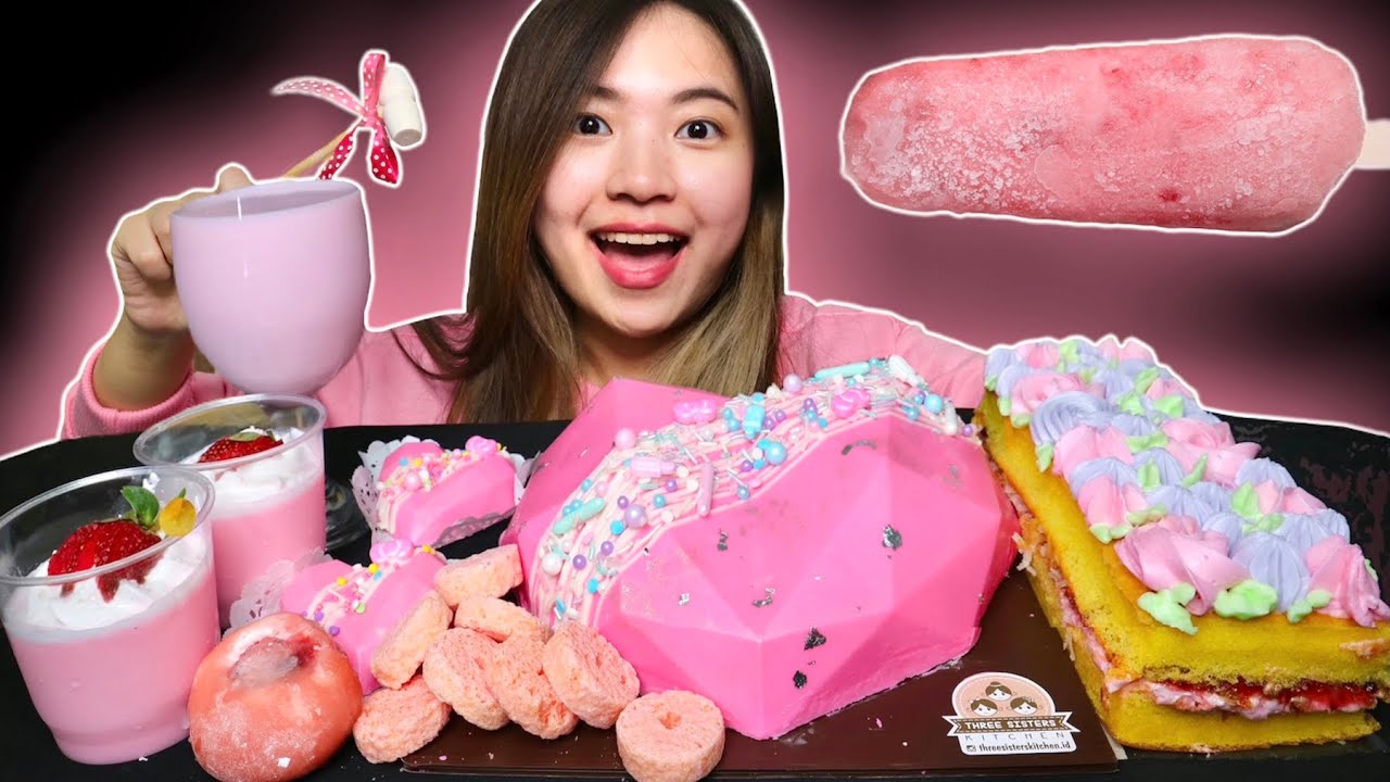 MUKBANG PINK PARTY, SMASH CAKE, GEOHEART, ICE CREAM, PUDDING, SPONGE, STRAWBERRY MILK