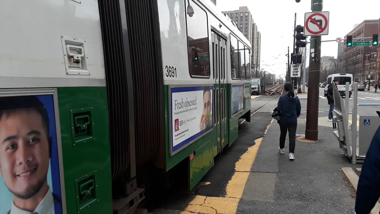 Boston MBTA Green Line train departing Blandford Street Station ( Feb