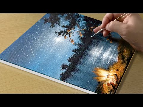 How to Draw a Campfire Under the Moonlight / Acrylic Painting for Beginners