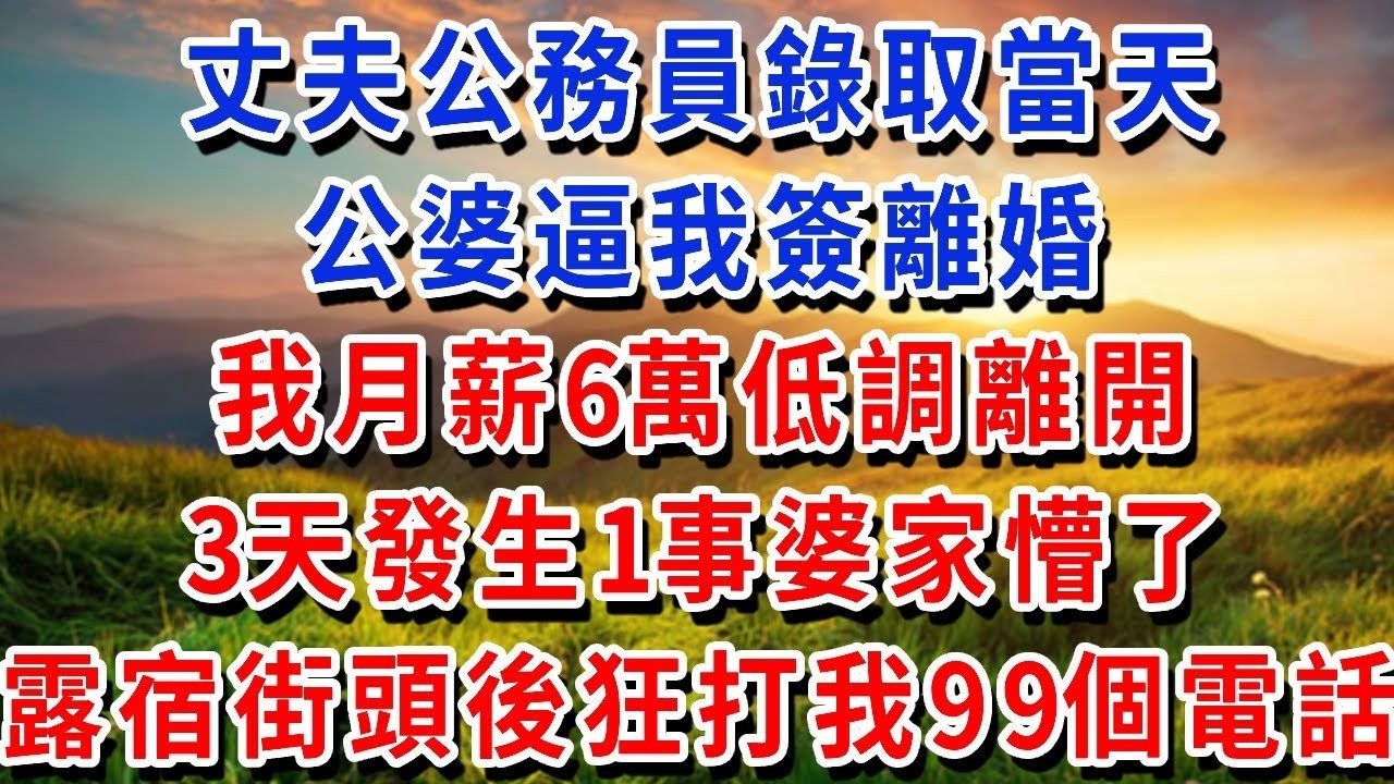 丈夫公務員錄取當天，公婆逼我簽離婚，我月薪6萬低調離開，3天發生1事婆家懵了，露宿街頭後狂打我99個電話#書婷講故事 #為人處世#生活經驗#情感故事#晚年哲理#說故事#完結文