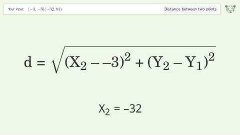 Find the distance between two points p1 (-3,-3) and p2 (-32,84): Step-by-Step Video Solution