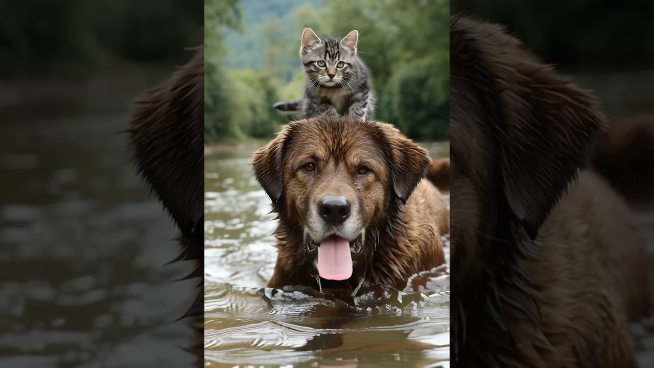 #Cat Rides #Dog Through #River ❤️🥰😍#shorts #tamil #love