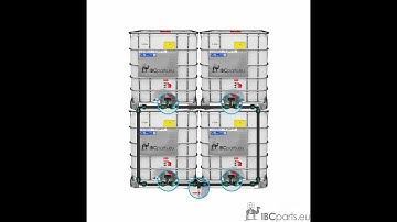 How to connect four IBC containers (two stacked atop the other) to form a water harvesting system.