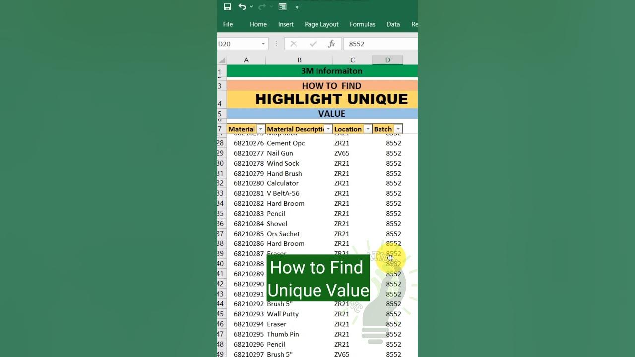 How find unique value in excel short key to find unique value in