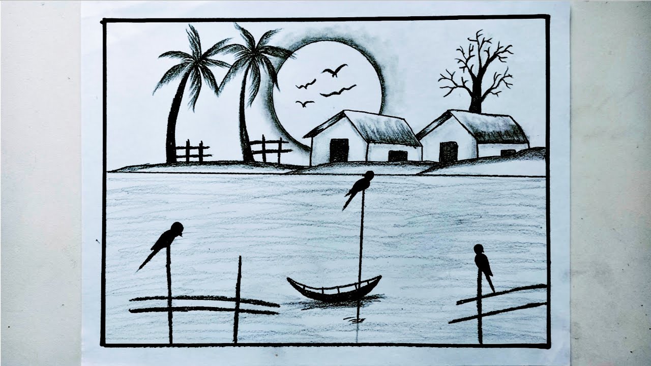 Easy Village Scenery Drawing | Pencil Sketch Village Night Scenery | Simple Drawing for Beginners