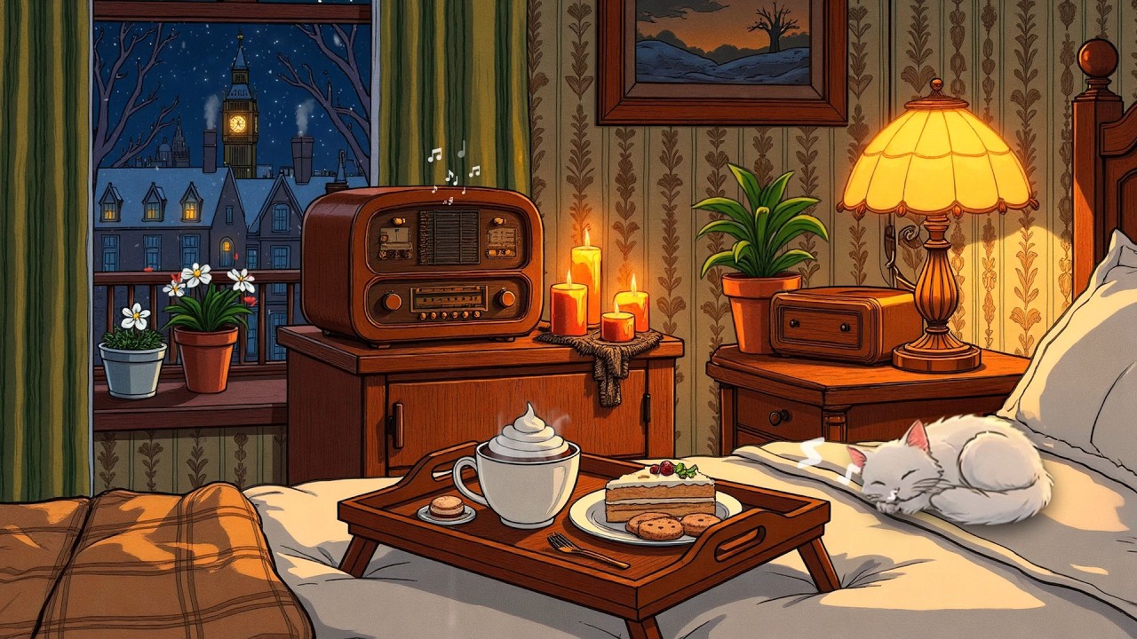 1920s cozy cottage night with soft oldies in another room fireplace ambience