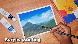 Acrylic painting Green mountains during daytime