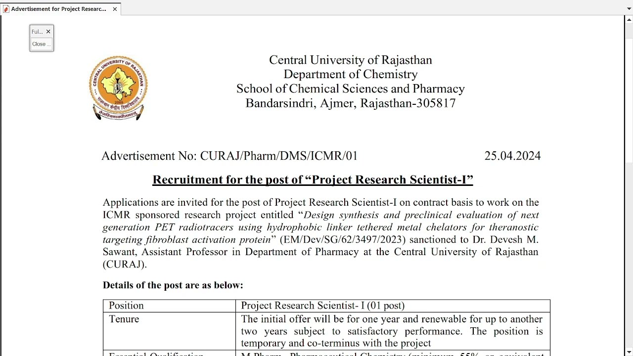 Project Research Scientist, In Central University of Rajasthan