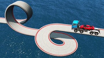 Impossible Loop Spiral Bridge Crossing Cars Vs Deep Water Challenge - BeamNG.Drive
