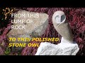 Polished stone owl carved from a Purbeck rock boulder.