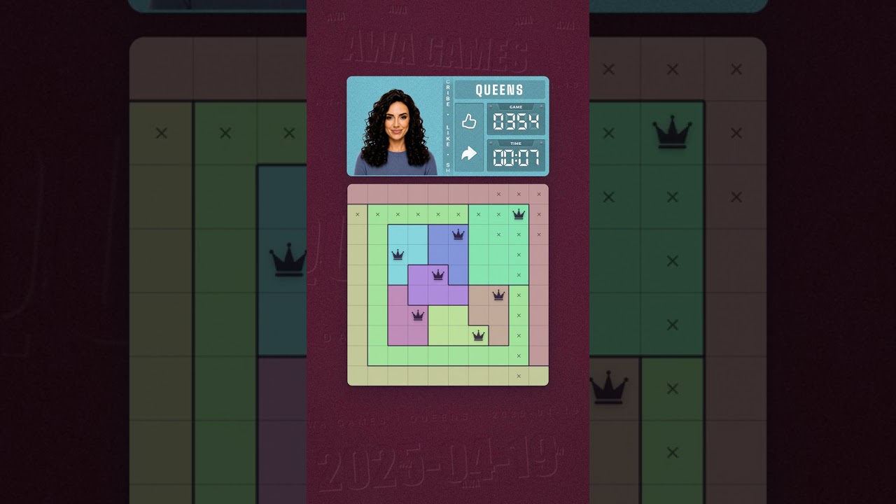 LinkedIn Queens #354 solved board for April 19, 2025, 10x10 grid