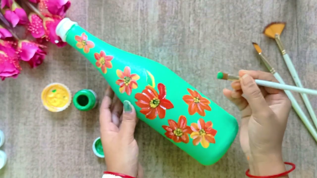 Glass bottle art | Old glass bottle painting | One Stroke flower design from beginners 