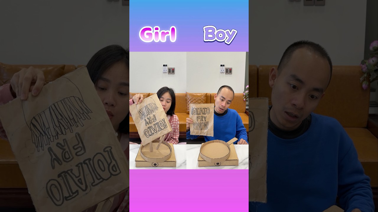 Разница между тем, как девочки и мальчики готовят картофель фри. Картон.