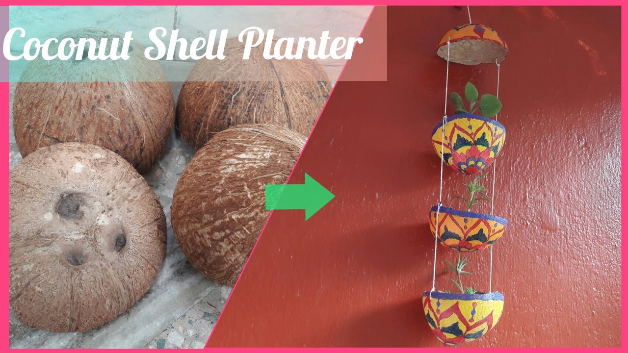 coconut shell hanging pot without drilling, #Coconut shell planter, # ...
