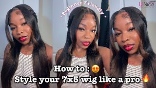 How To : Style Yaki Straight 7x5 Glueless Wig Like A Pro😍🔥 *beginner Friendly * Ft.unice Hair 💗