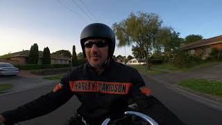 Back on the Harley Davidson. Mic test open face helmet. Off to the Kangaroos.