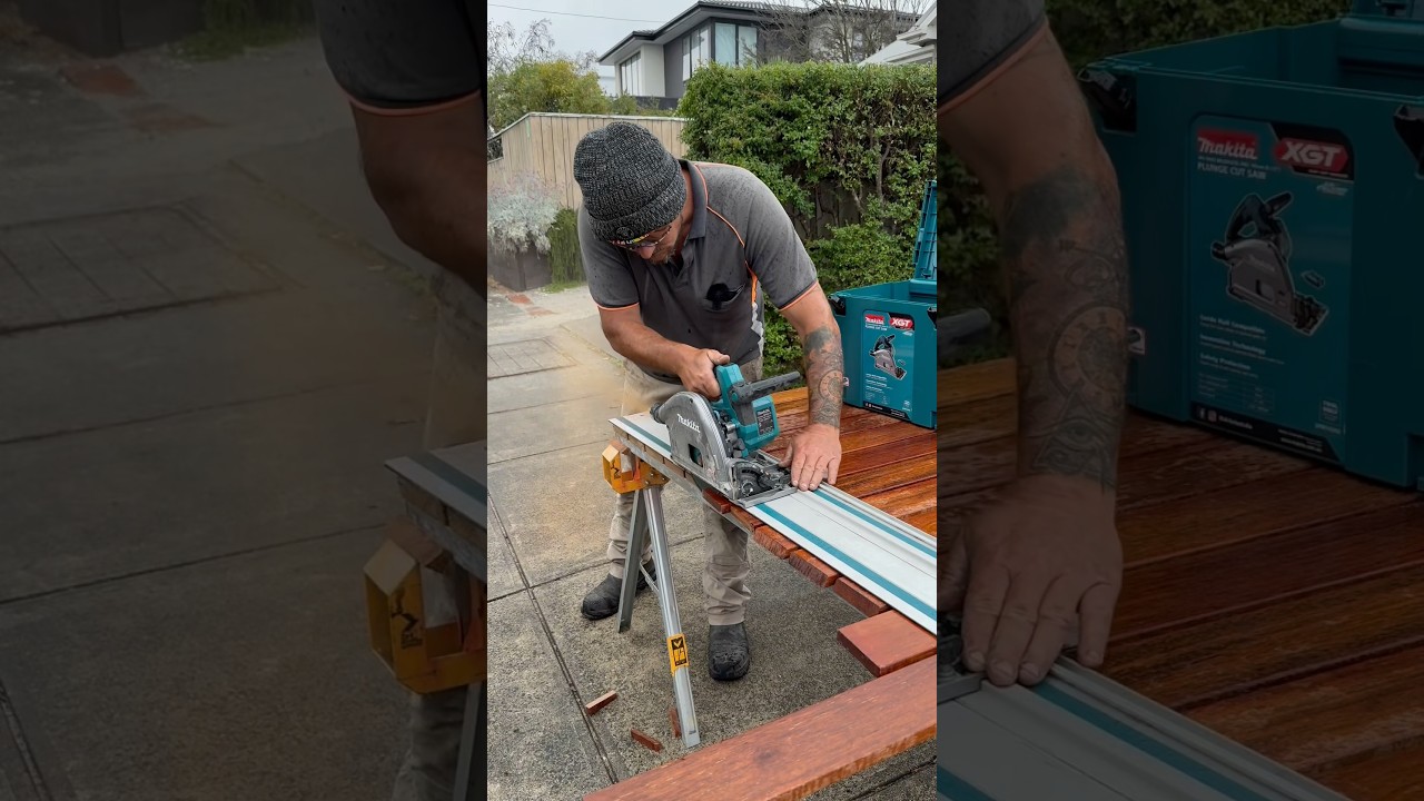 The finishing touches on a merbau slat gate. Using the Makita 40v track saw and Lokklatch Magnetic