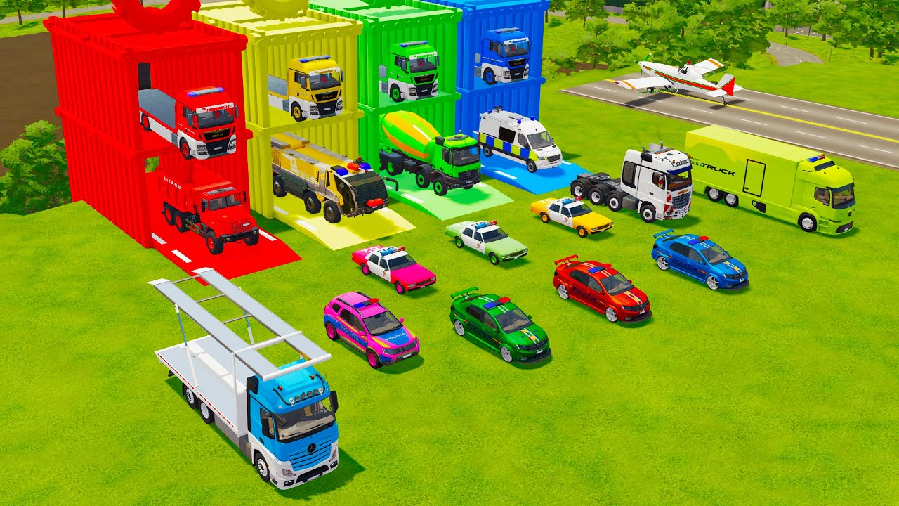 ALL POLICE VEHICLES AND EMERGENCY TRUCK, CONCRETE MIXER, DUMP TRUCK TRANSPORT TO GARAGE - FS22