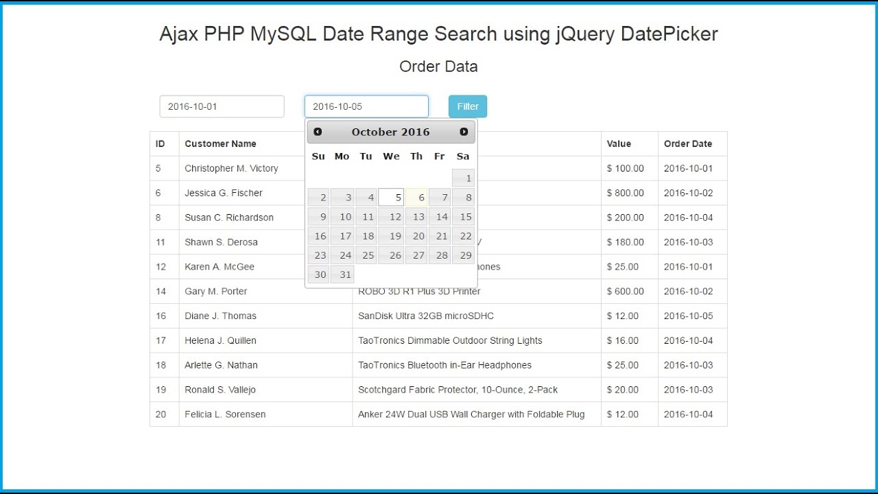 วันที่ php  New Update  Ajax PHP MySQL Date Range Search using jQuery DatePicker