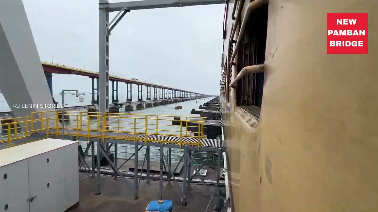 Train crossing the New Pamban Bridge 