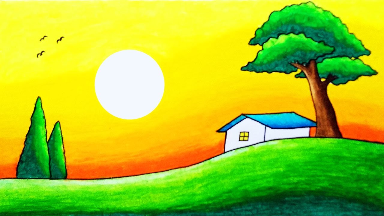 How to Draw Easy Scenery of Sunset, Trees and House | Super Simple ...