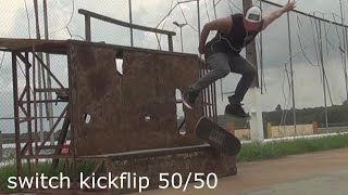 Skateboarding: switch kickflip 50/50