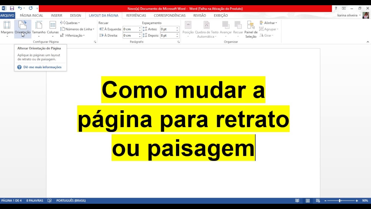 Como mudar a pagina para paisagem no word - YouTube