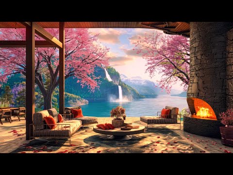 Soothing Jazz Piano Music with Fireplace Sounds, Waterfall 🌺 Spring Morning in Cozy Forest Ambience