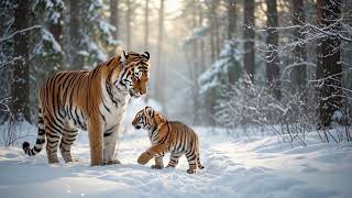 Mother Tiger Cub Snowy Forest 4K No Copyright screenshot 3