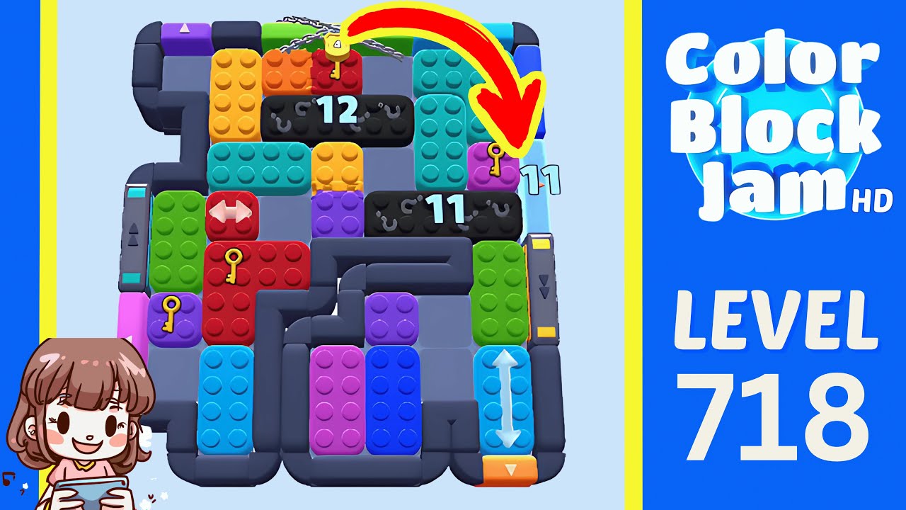 Color Block Jam Level 718 Level 718 board with 12/11 black objective bars, a top chained lock marked 4, key-marked pieces, and a central gray wall obstacle opening frame
