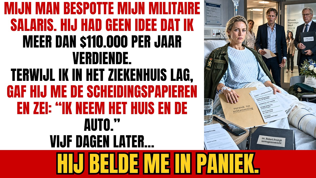 Terwijl ik in het ziekenhuisbed lag met een gebroken been en een infuus in mijn arm, kwam mijn man van achttien jaar binnen, gooide een map op mijn deken en zei: "Ik heb de scheiding aangevraagd....