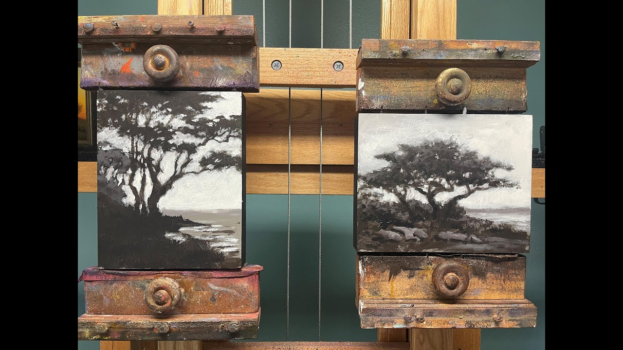 Painting demo of Black and White Acrylic Underpainting. Coastal