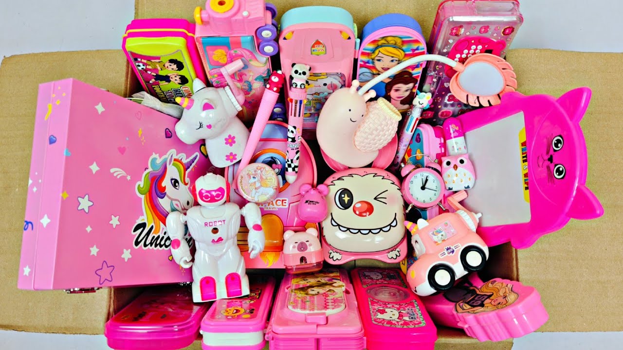 Unboxing cute pink stationery items - white board, pencil box, desk lamp, geometry box, sharpener