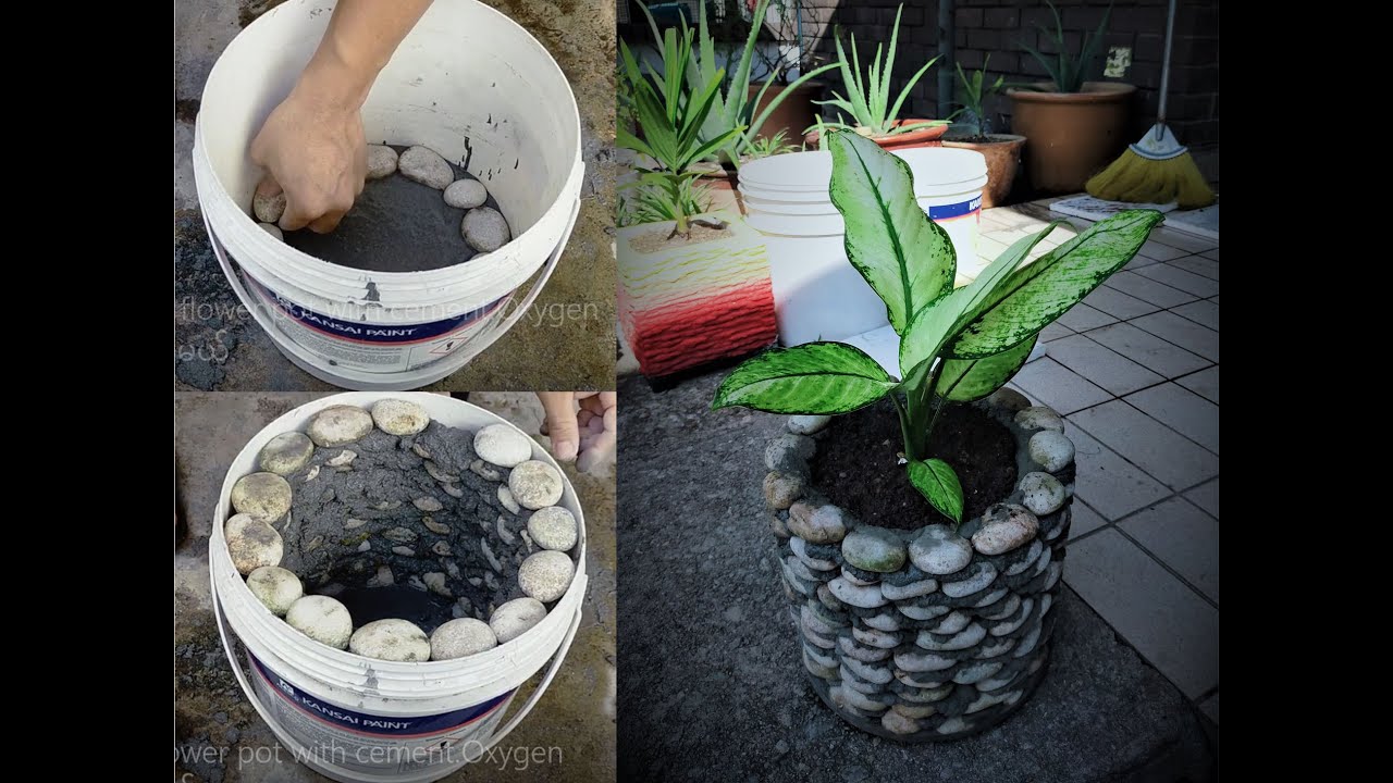 How to make a flower pot with cement and stone.ပန်းအိုးကိုယ်တိုင်ပြုလုပ်ပြီးOxygen လေးတွေစိုက်ကြမယ်.