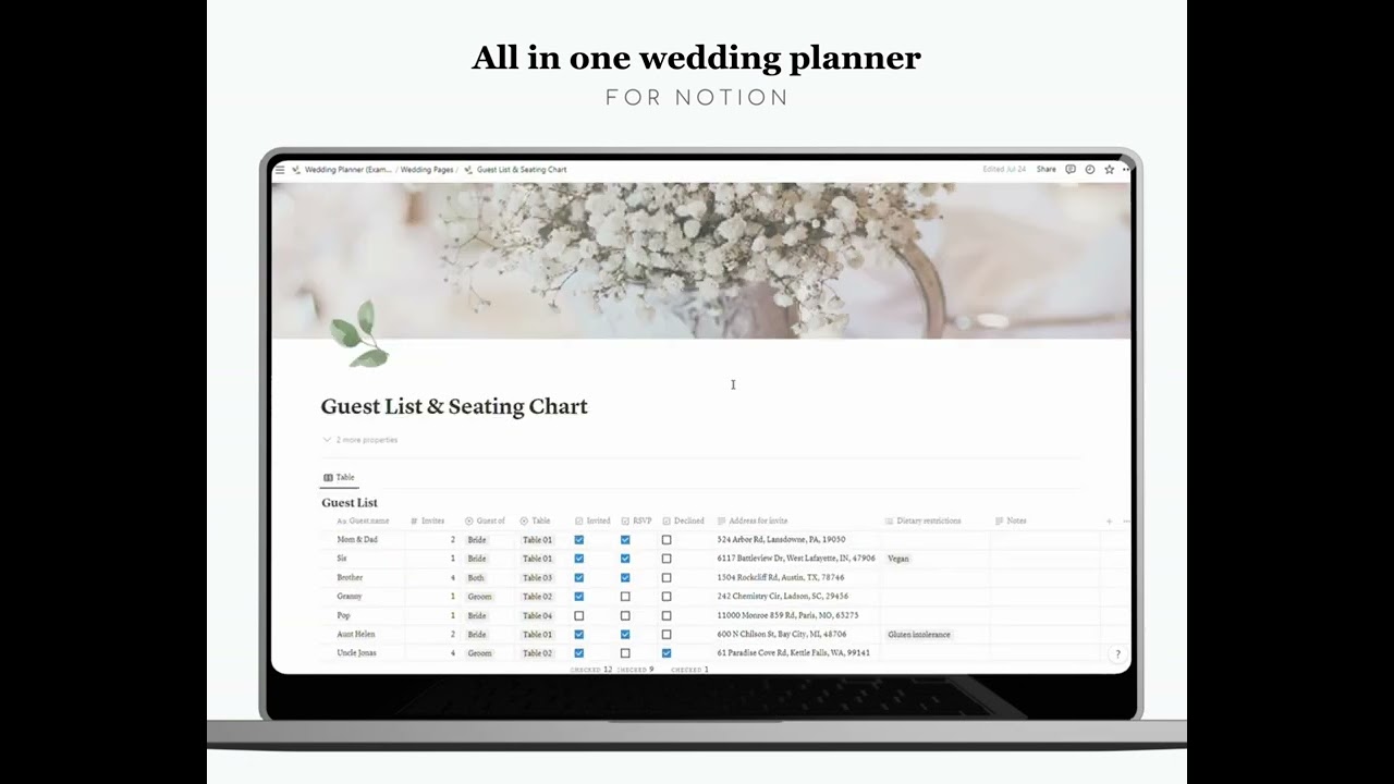 Wedding planner template for Notion