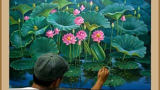 HOW TO DRAW  PAINTING A LOTUS FLOWER WITH ACRYLIC ON CANVAS BY DANDAN SA / LOTUS GARDEN, TTR 114