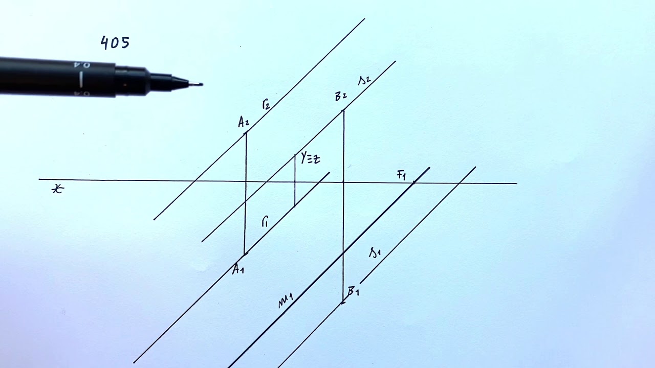 405 - Projeção de retas pertencentes a planos com recurso a retas auxiliares do plano.