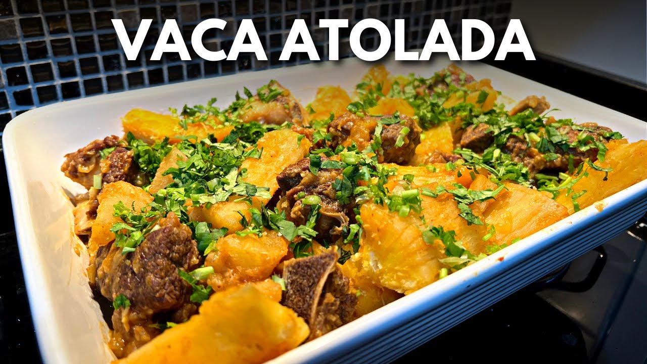 Vaca atolada mineira recipe shown in a step-by-step cooking video thumbnail