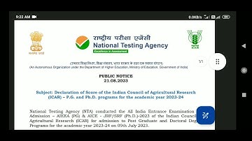 Declaration of Score Card ICAR AIEEA PG AICE JRF SRF PhD 2023 Official Notice Released. ICAR 2023 .