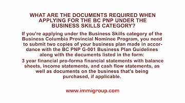 What are the documents required when applying for the BC PNP under the Business Skills category?