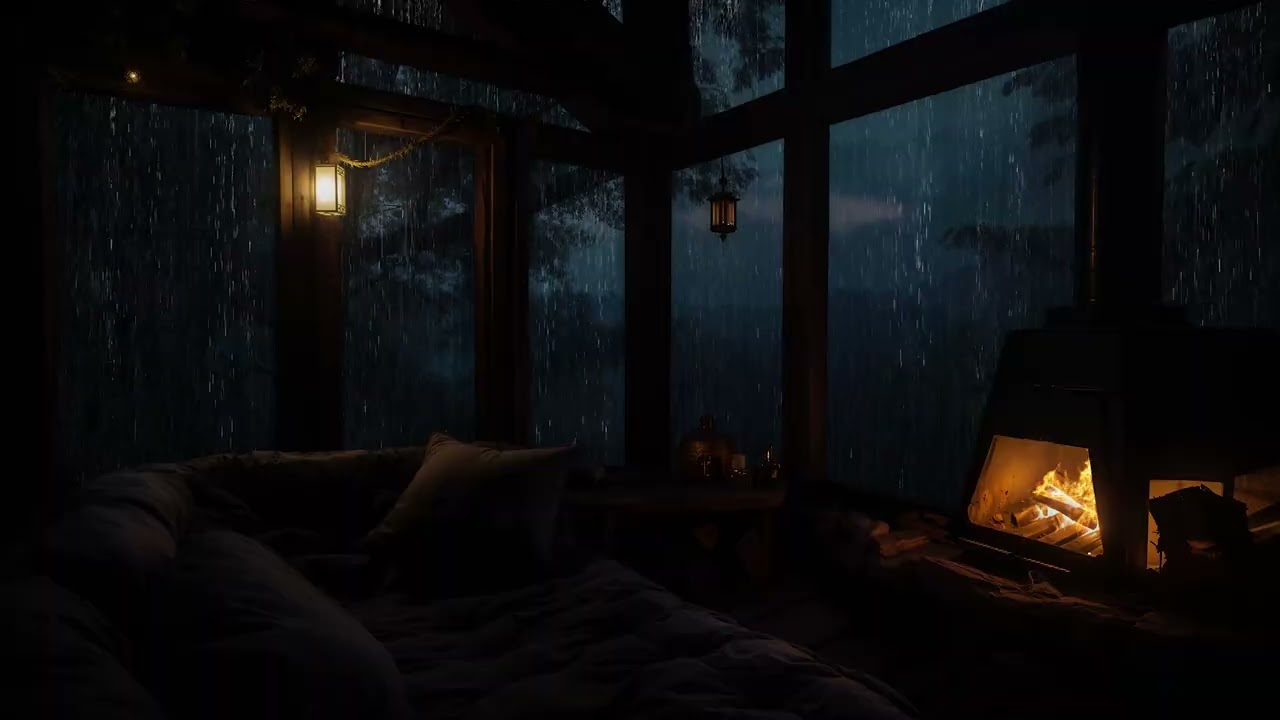 Shelter in a Fireplace Cabin | Calm Rainy Night Ambience for Restful Sleep