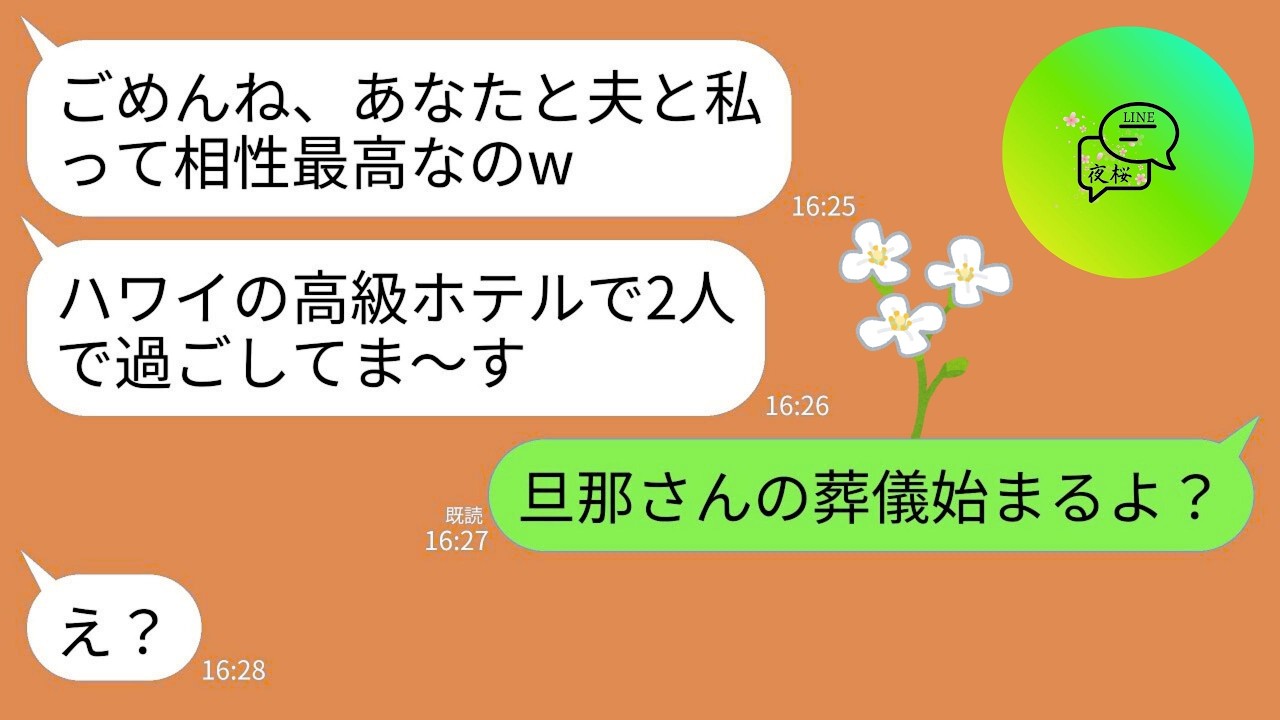 【LINE】私の夫と浮気旅行中に勝ち誇って連絡してくるクズ親友「ハワイの高級ホテル最高w」私「旦那さんの葬儀来ないつもり？」→帰国した親友と夫が地獄を味わうことにwww