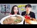 Giant Spicy Pho Noodles + Cheesecake Factory Cakes Mukbang! IT'S HIS BIRTHDAY MEAL!